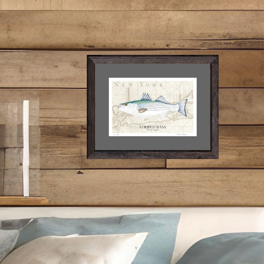 Striped Bass Original Watercolor Print Over Vintage Long Island Map – Nautical Coastal Wall Art, Fishermen Angler Gift, NY Beach House Décor