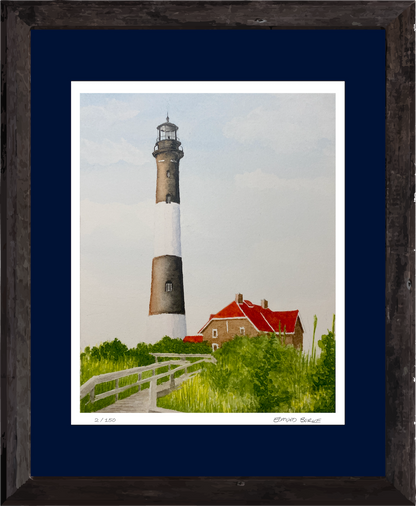Fire Island Lighthouse Art, Original Watercolor Print, Sunny Summer Seascape Art, Beach House Coastal Decor Gift, Beachy Seaside Painting