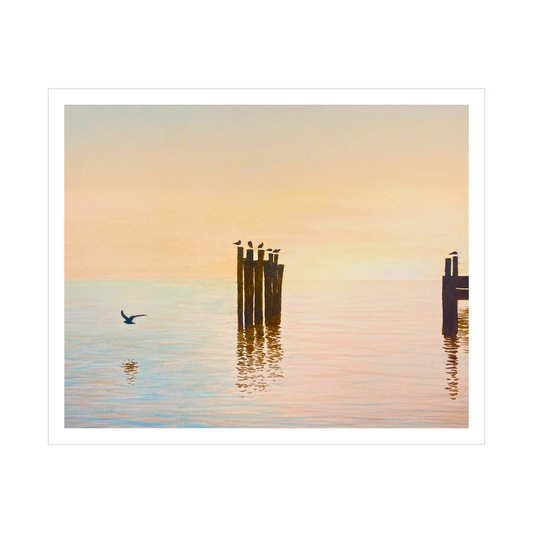 Shorebirds at Dawn Original Watercolor Beach Print, Morning Sunrise with Seagulls Print, Calm Pastel Seascape Art, Beach House Coastal Decor