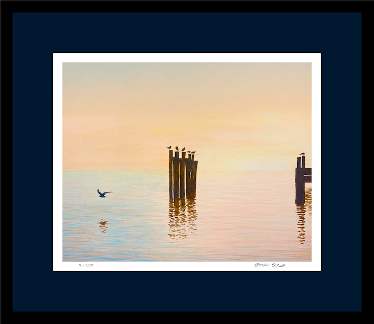 Shorebirds at Dawn Original Watercolor Beach Print, Morning Sunrise with Seagulls Print, Calm Pastel Seascape Art, Beach House Coastal Decor