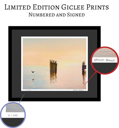 Shorebirds at Dawn Original Watercolor Beach Print, Morning Sunrise with Seagulls Print, Calm Pastel Seascape Art, Beach House Coastal Decor