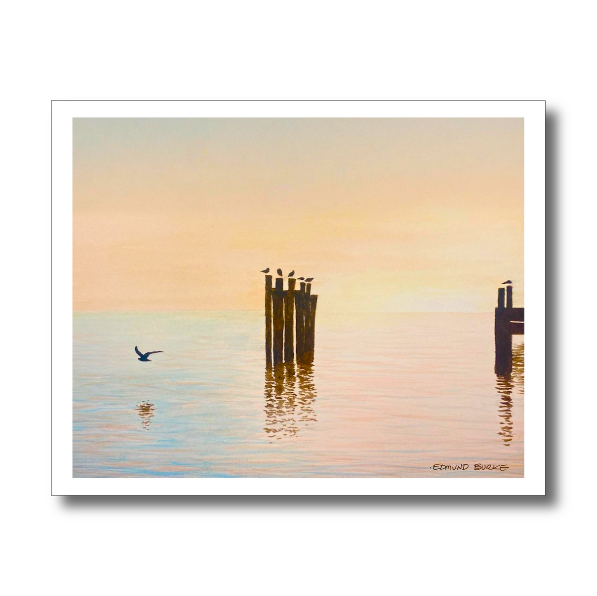 Shorebirds at Dawn Original Watercolor Beach Print, Morning Sunrise with Seagulls Print, Calm Pastel Seascape Art, Beach House Coastal Decor