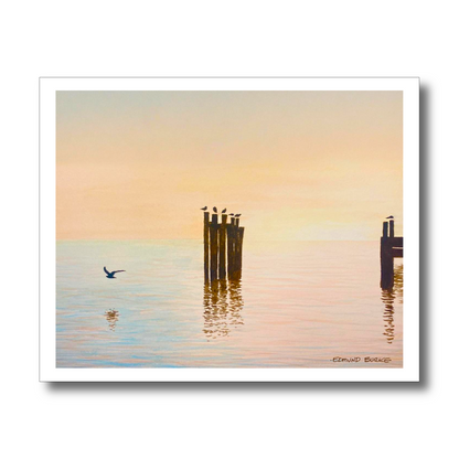 Shorebirds at Dawn Original Watercolor Beach Print, Morning Sunrise with Seagulls Print, Calm Pastel Seascape Art, Beach House Coastal Decor