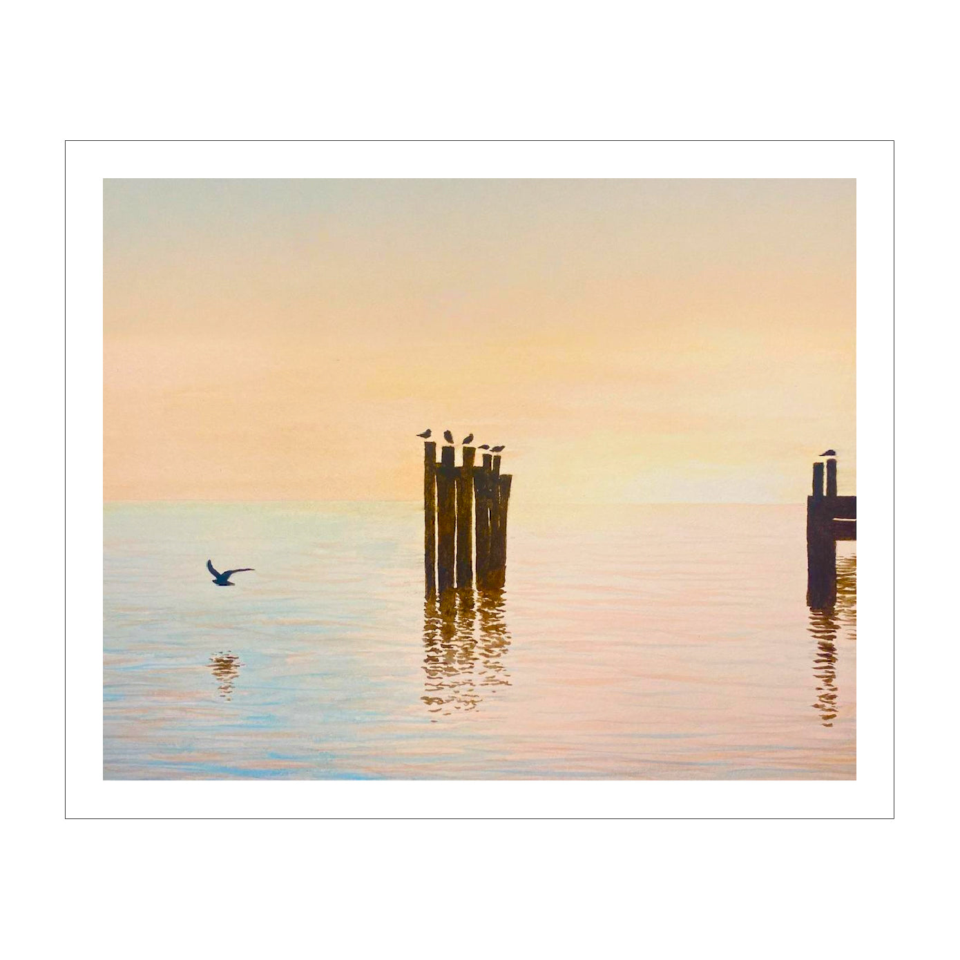 Shorebirds at Dawn Original Watercolor Beach Print, Morning Sunrise with Seagulls Print, Calm Pastel Seascape Art, Beach House Coastal Decor