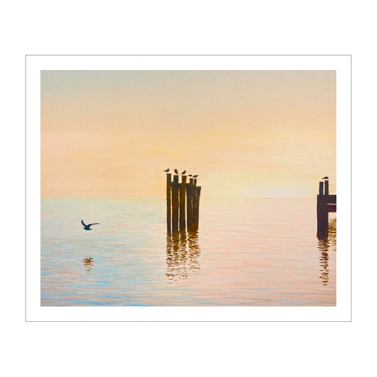 Shorebirds at Dawn Original Watercolor Beach Print, Morning Sunrise with Seagulls Print, Calm Pastel Seascape Art, Beach House Coastal Decor