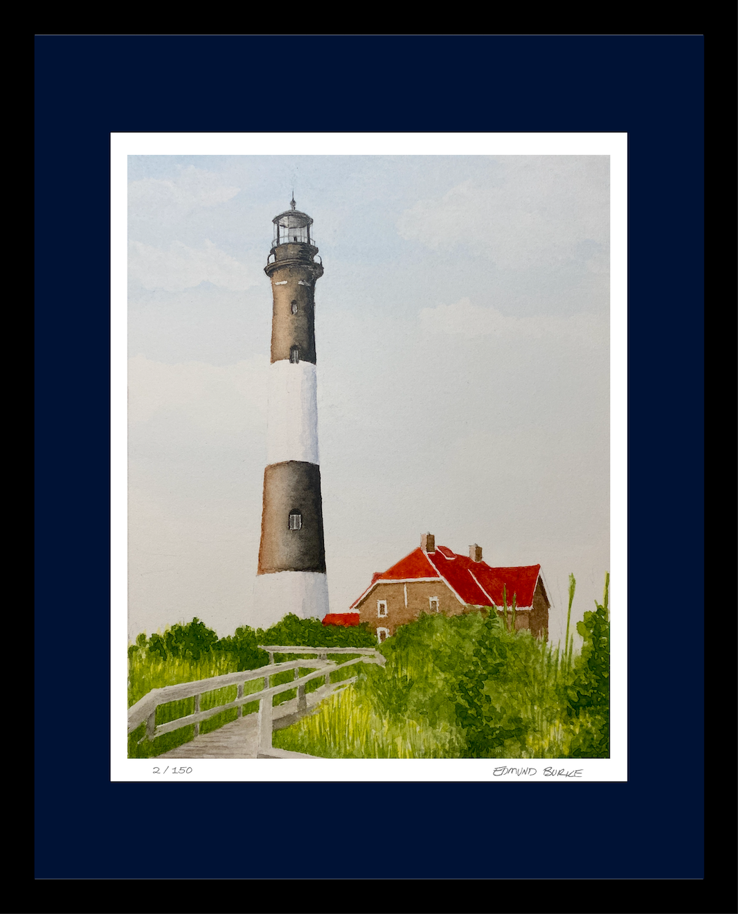 Fire Island Lighthouse Art, Original Watercolor Print, Sunny Summer Seascape Art, Beach House Coastal Decor Gift, Beachy Seaside Painting