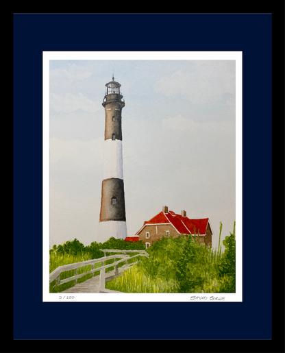 Fire Island Lighthouse Art, Original Watercolor Print, Sunny Summer Seascape Art, Beach House Coastal Decor Gift, Beachy Seaside Painting