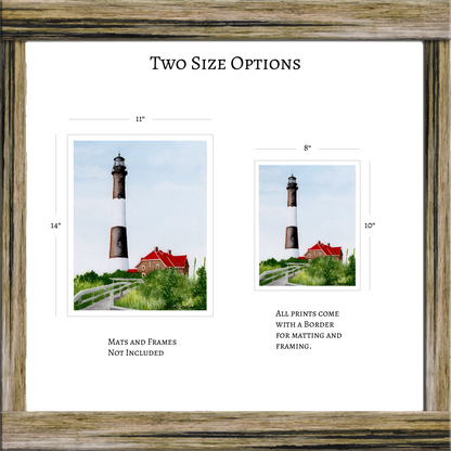 Fire Island Lighthouse Art, Original Watercolor Print, Sunny Summer Seascape Art, Beach House Coastal Decor Gift, Beachy Seaside Painting