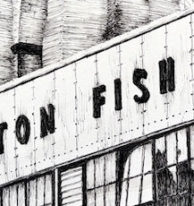 NYC Art Print, Old Fulton Fish Market, New York City Wall Art, Black & White Drawing, NY Landmark Scene