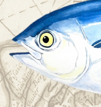 Bluefin Tuna Watercolor Print Art Over Vintage Long Island Map – Nautical Coastal Wall Art, Fishermen Angler Gift, NY Beach House Décor