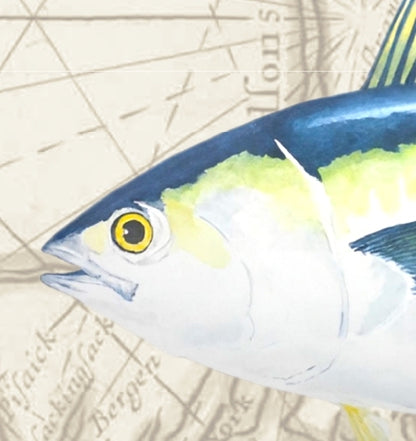 Yellowfin Tuna Watercolor Print Over Vintage Long Island Map – Nautical Coastal Wall Art, Fishermen Angler Gift, NY Beach House Décor