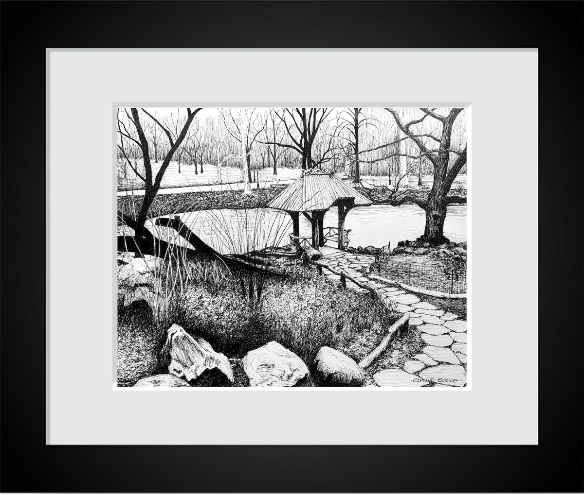 Wagner Cove Central Park Art Print, NYC Pen and Ink Drawing, Black and White New York Wall Art, Winter Landscape