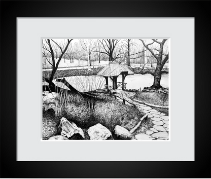 Wagner Cove Central Park Art Print, NYC Pen and Ink Drawing, Black and White New York Wall Art, Winter Landscape
