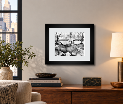 Wagner Cove Central Park Art Print, NYC Pen and Ink Drawing, Black and White New York Wall Art, Winter Landscape