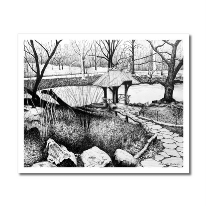 Wagner Cove Central Park Art Print, NYC Pen and Ink Drawing, Black and White New York Wall Art, Winter Landscape