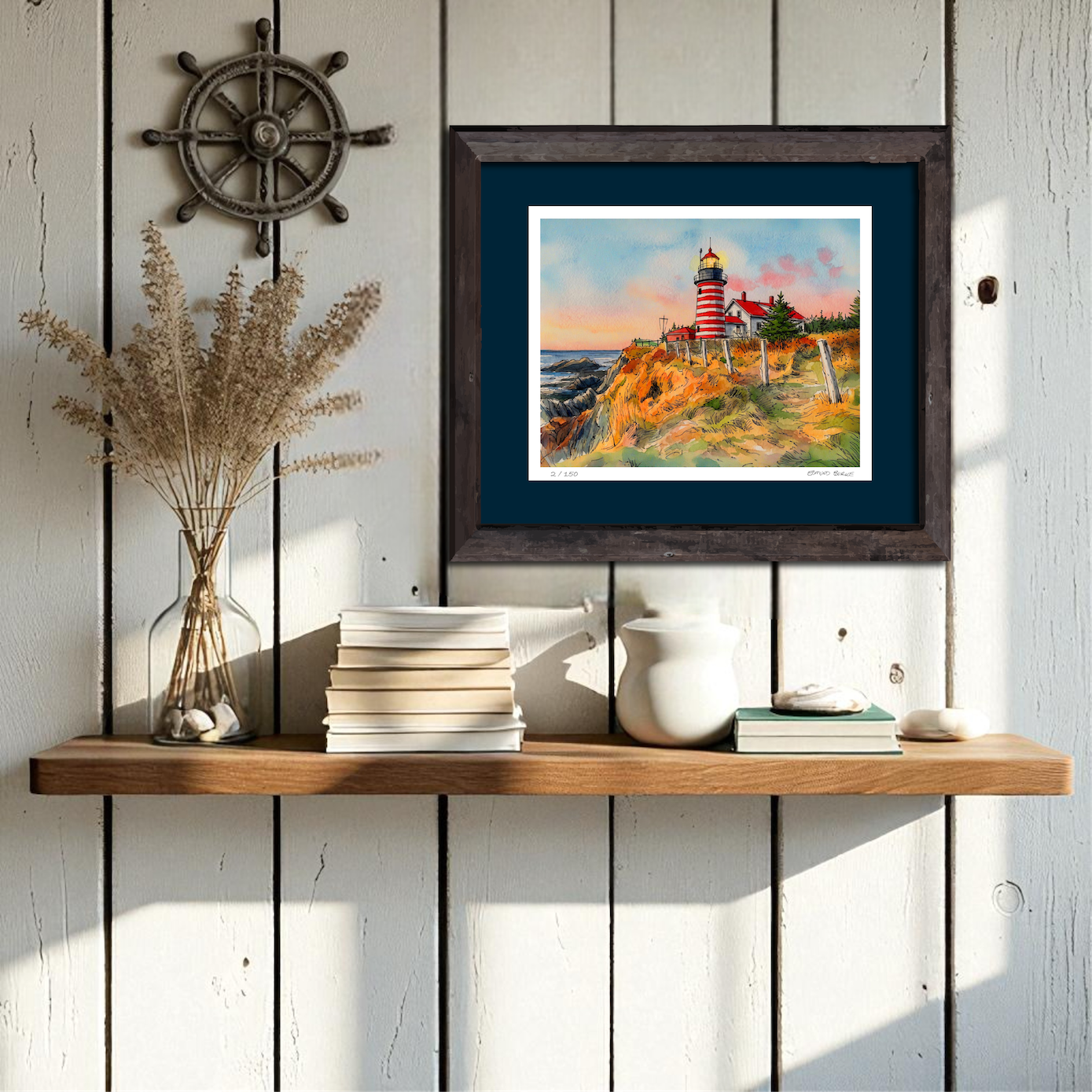 West Quoddy Head Lighthouse Original Watercolor Print – Coastal Maine Art
