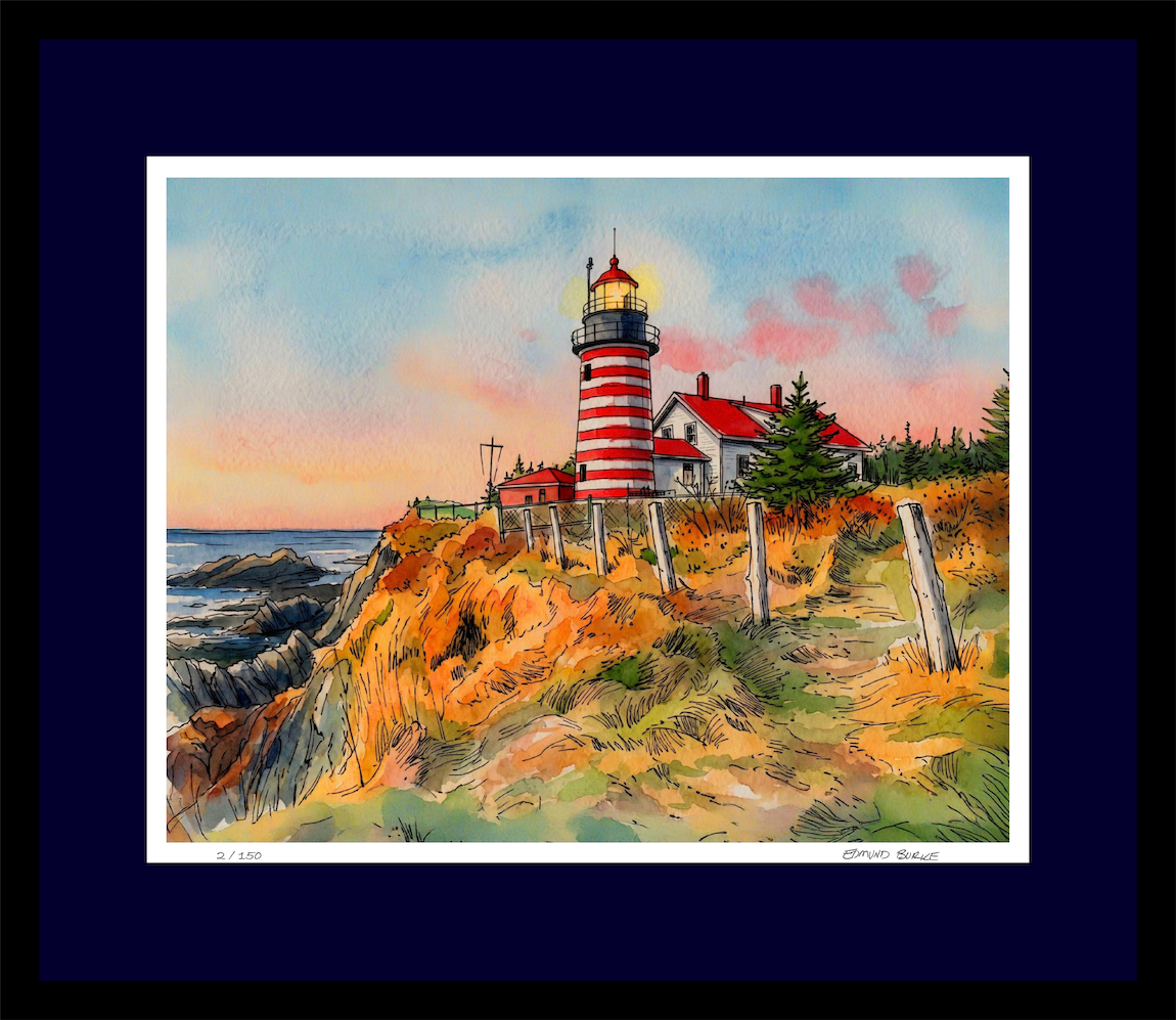 West Quoddy Head Lighthouse Original Watercolor Print – Coastal Maine Art