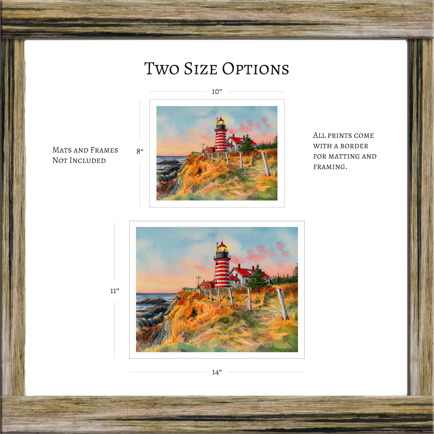 West Quoddy Head Lighthouse Original Watercolor Print – Coastal Maine Art