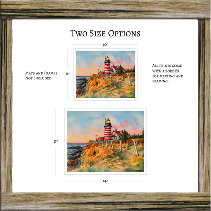 West Quoddy Head Lighthouse Original Watercolor Print – Coastal Maine Art