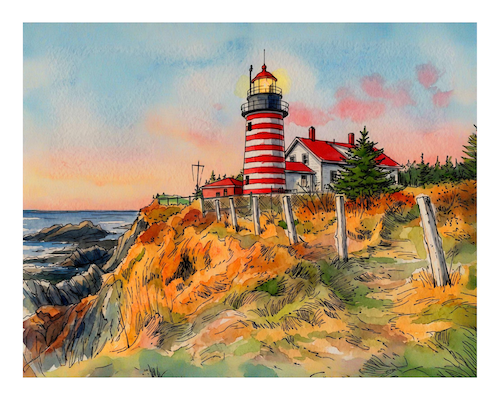 West Quoddy Head Lighthouse Original Watercolor Print – Coastal Maine Art
