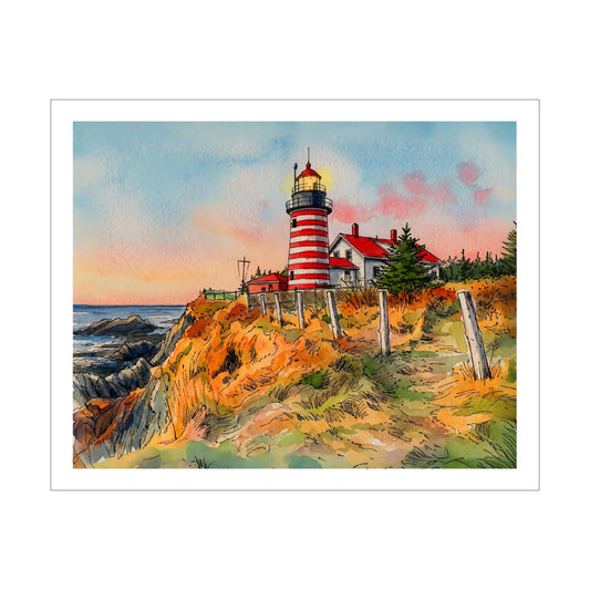 West Quoddy Head Lighthouse Original Watercolor Print – Coastal Maine Art