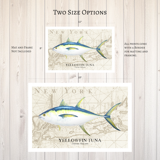 Yellowfin Tuna Watercolor Print Over Vintage Long Island Map – Nautical Coastal Wall Art, Fishermen Angler Gift, NY Beach House Décor