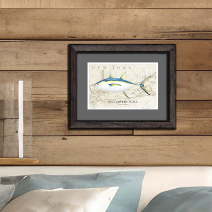 Yellowfin Tuna Watercolor Print Over Vintage Long Island Map – Nautical Coastal Wall Art, Fishermen Angler Gift, NY Beach House Décor
