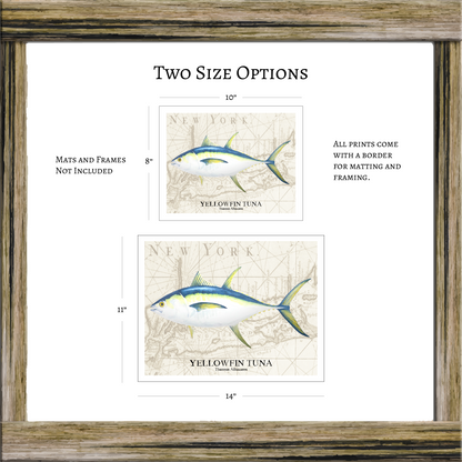 Yellowfin Tuna Watercolor Print Over Vintage Long Island Map – Nautical Coastal Wall Art, Fishermen Angler Gift, NY Beach House Décor