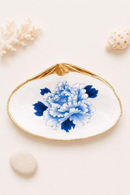 Decoupage Clam Shell Trinket Dish Floral Chinoiserie Art