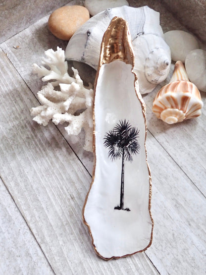 Decoupage Palm Tree Oyster Shell Ring Dish – Coastal Jewelry Holder, Nautical Gift