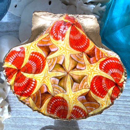 Escher Inspired Scallop Shell Ring Dish, Gold Rim Jewelry Holder, Coastal Art Gift, Beach House Decor