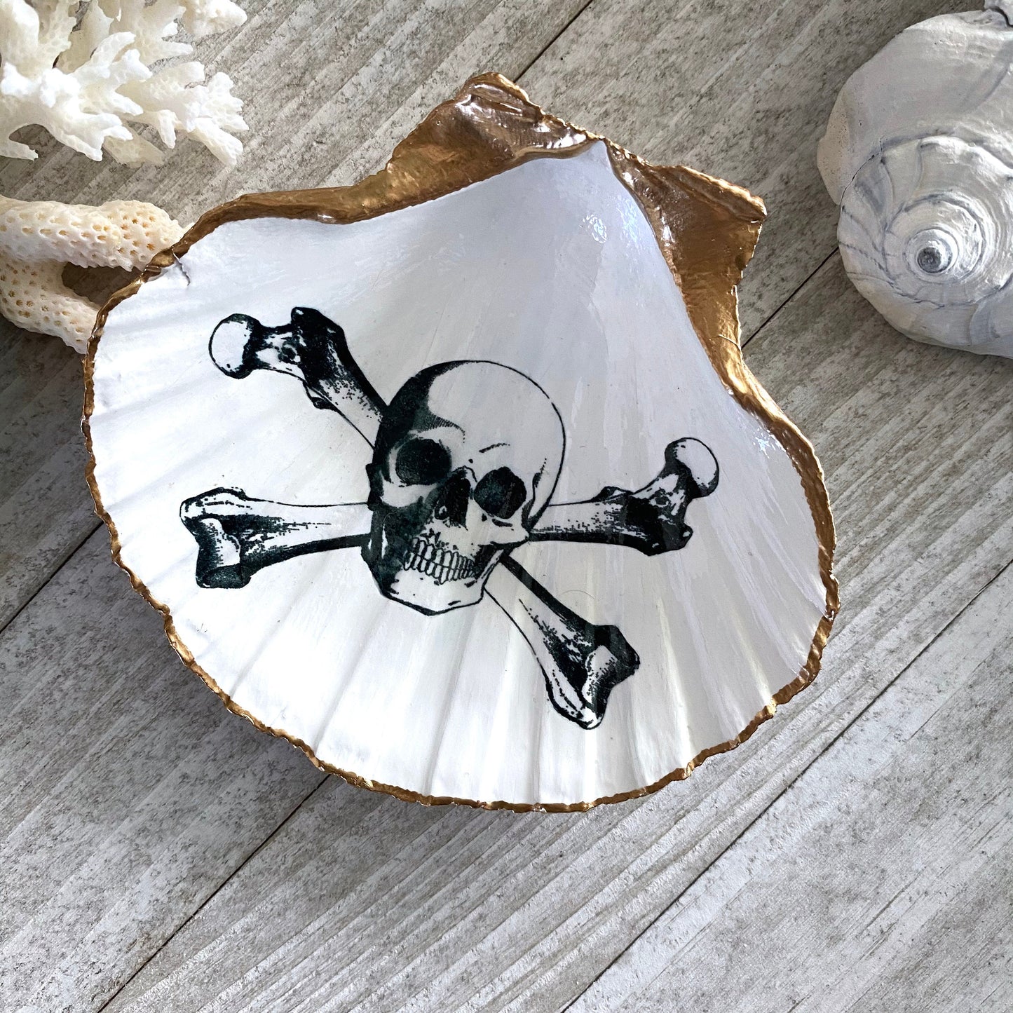 Decoupage Scallop Shell Trinket Dish Skull & Crossbones