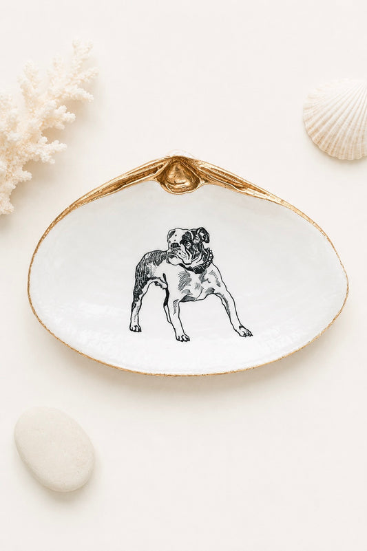 Dog Lover Gift – Decoupage Clam Shell Trinket Dish Vintage Bulldog Art