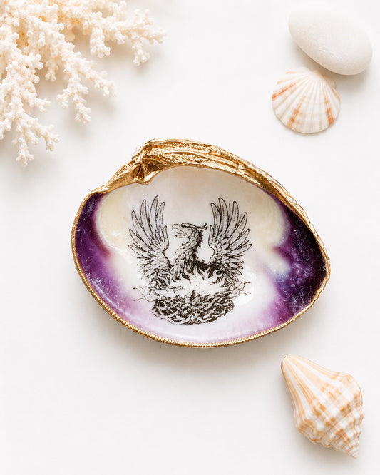 Decoupage Phoenix Clam Shell Ring Dish – Coastal Jewelry Holder, Mythology Decor