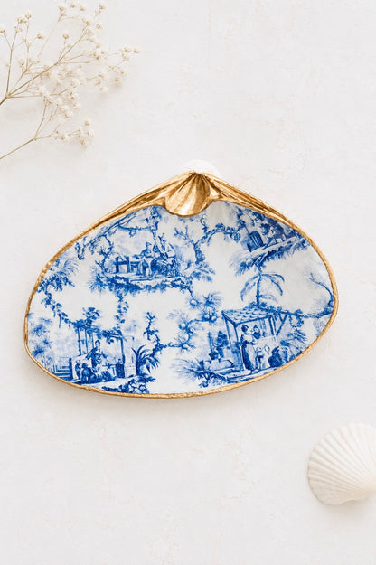 Blue & White Decoupage Clam Shell Trinket Dish Chinoiserie Art