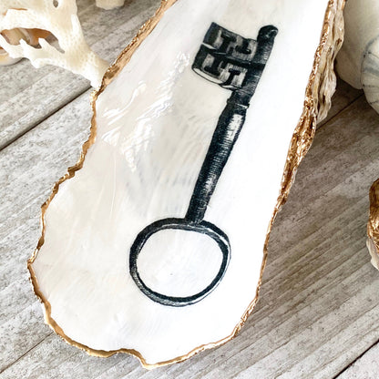 Decoupage Oyster Shell Jewelry Dish – Vintage Skeleton Key, Beach House Accent