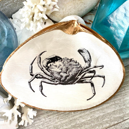 Decoupage Clam Shell Jewelry Dish – Crab Design, Coastal Home Decor