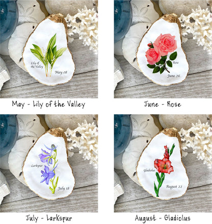 Decoupage Birth Flower Oyster Shell Ring Dish – Personalized Coastal Jewelry Holder, Birthday Gift