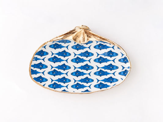 Decoupage Blue & White Clam Shell Ring Dish – Fish Art Coastal Jewelry Holder, Nautical Gift