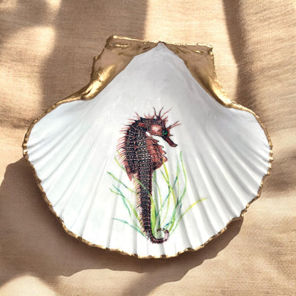 Vintage Seahorse Scallop Shell Ring Dish, Coastal Beach House Decor, Ocean Lover Gift
