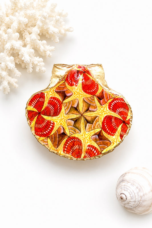 Escher Inspired Scallop Shell Ring Dish, Gold Rim Jewelry Holder, Coastal Art Gift, Beach House Decor