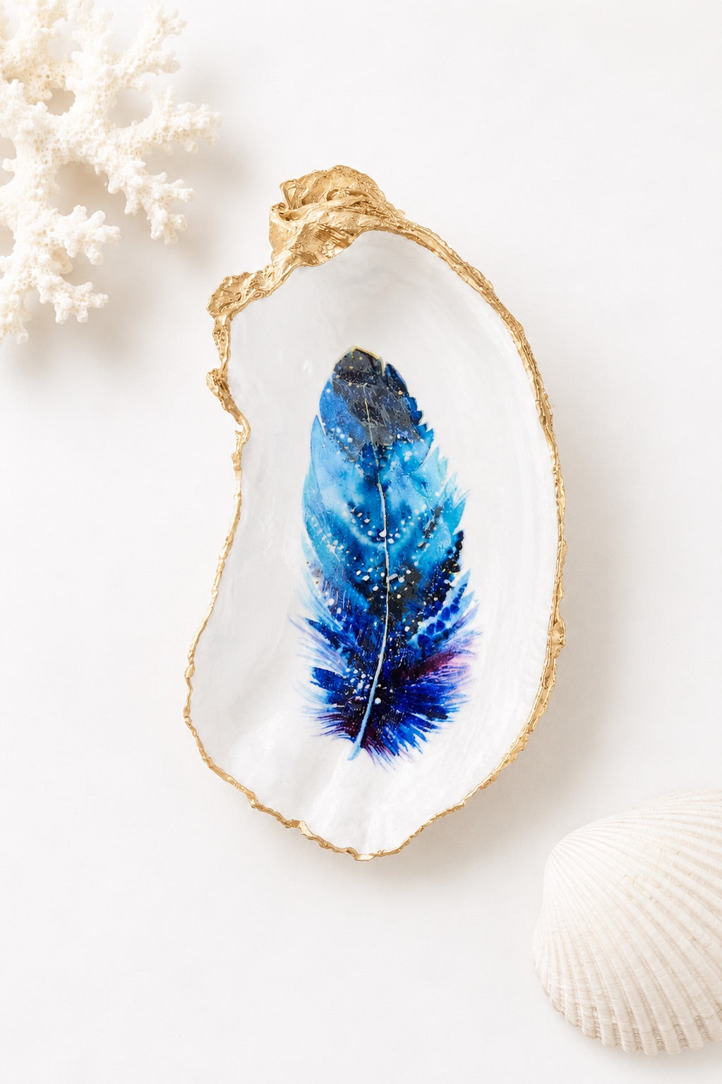Decoupage Oyster Shell Jewelry Dish, Feather Design, Beach House Decor Accent