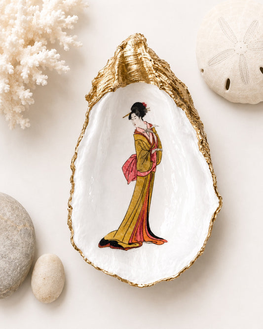 Decoupage Oyster Shell Trinket Dish Geisha Art