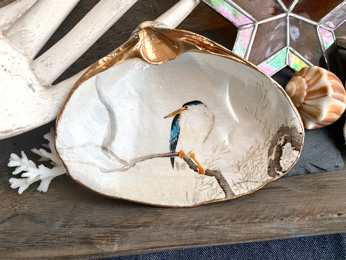 Decoupage Clam Shell Dish Night Heron Bird Art