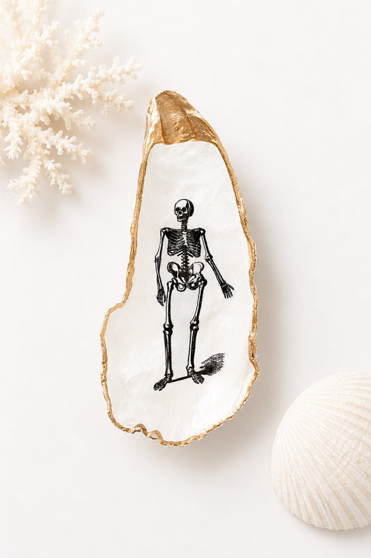 Decoupage Skeleton Oyster Shell Ring Dish – Hand-Crafted Gothic Coastal Decor