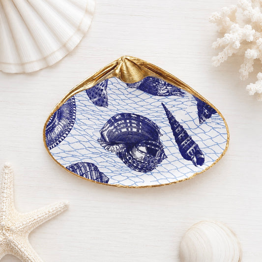 Decoupage Clam Shell Jewelry Dish – Blue & White Coastal Accent, Nautical Gift