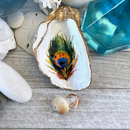 Decoupage Oyster Shell Jewelry Dish, Feather Design, Beach House Decor Accent