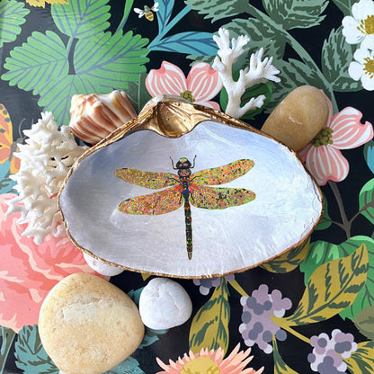 Decoupage Clam Shell Trinket Dish Dragonfly Art