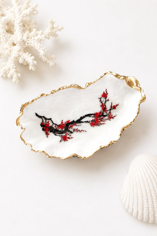 Decoupage Oyster Shell Trinket Dish Cherry Blossom Art