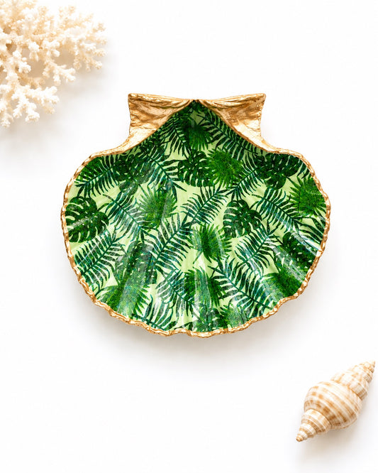Decoupage Scallop Shell Trinket Dish Tropical Pattern